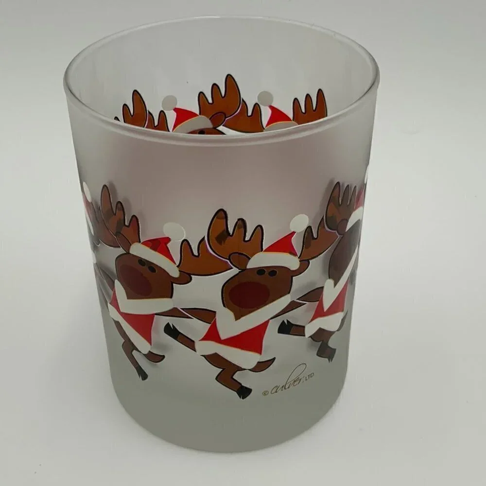 Culver Frosted Dancing Reindeer Old Fashion Low Ball Glass #12122